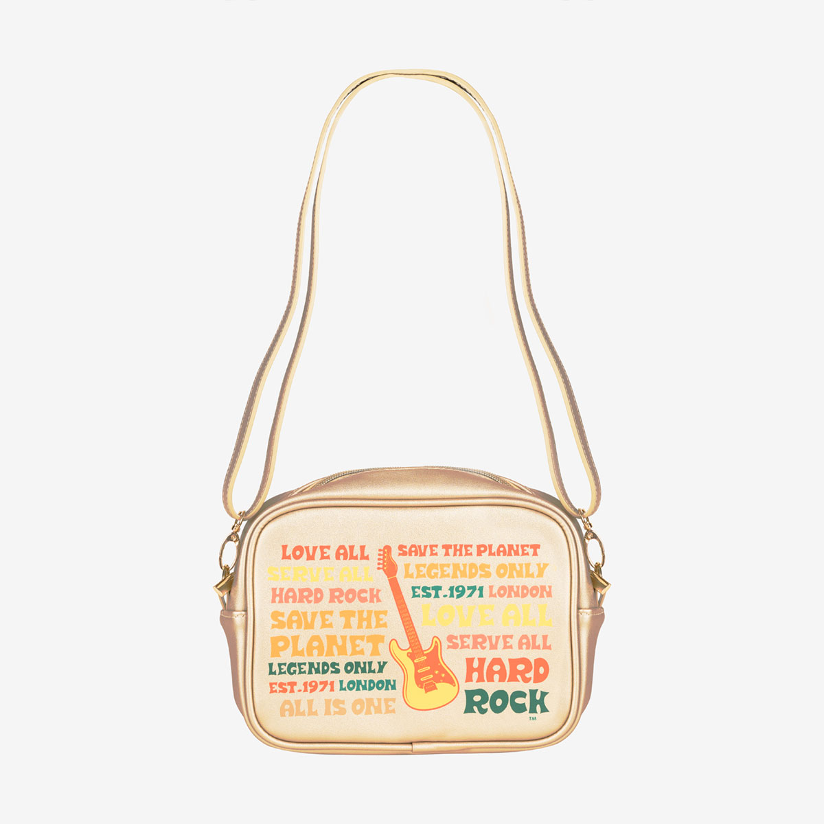 Gold Hard Rock Music Festival Crossbody Bag with Mottos image number 6