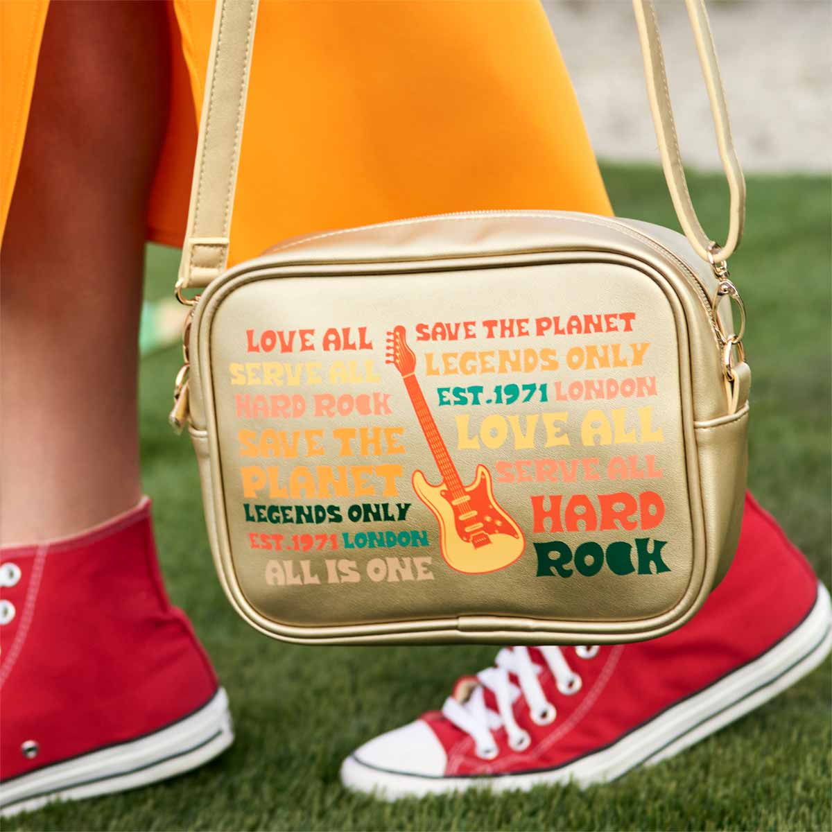Gold Hard Rock Music Festival Crossbody Bag with Mottos image number 2
