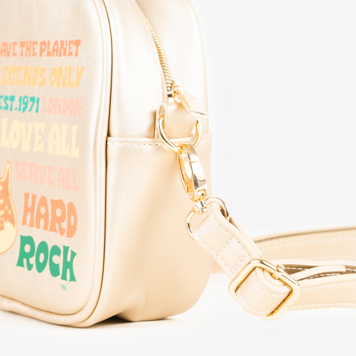 Gold Hard Rock Music Festival Crossbody Bag with Mottos image number 3