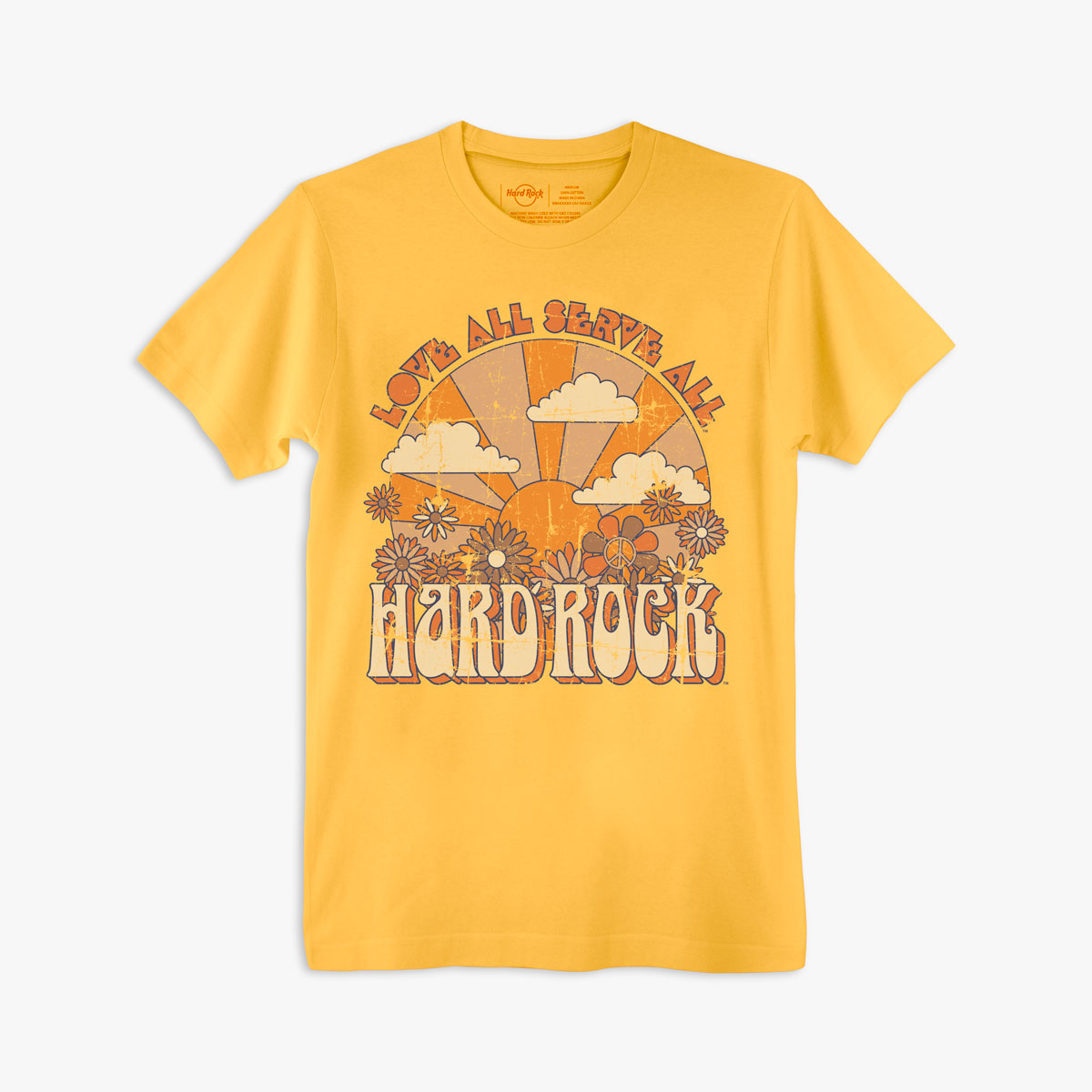 Hard Rock Adult Fit Festival Tee with Love All Serve All in Mustard Yellow image number 1