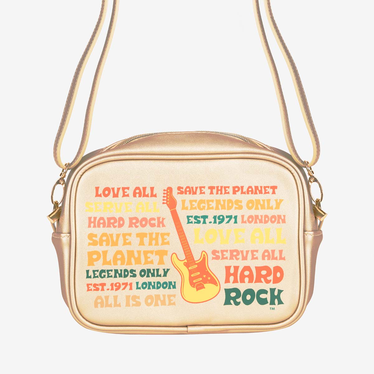 Gold Hard Rock Music Festival Crossbody Bag with Mottos image number 1