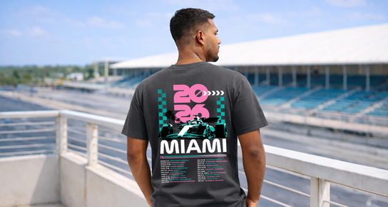 F1 Miami race day graphic tee with high-energy design on a premium short sleeve t-shirt.