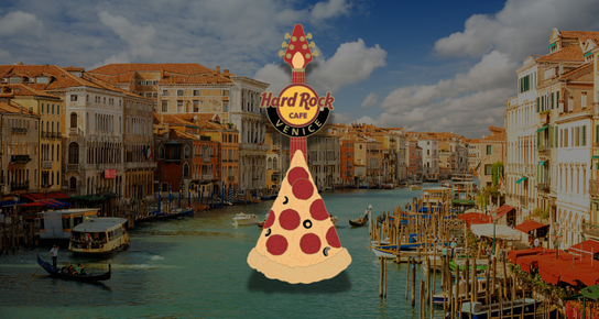 Limited Edition Venice Pizza Guitar Pin featuring a pizza slice shaped like a guitar, with detailed toppings and metallic finish.