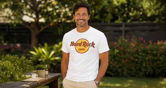 A man in a white classic logo tee