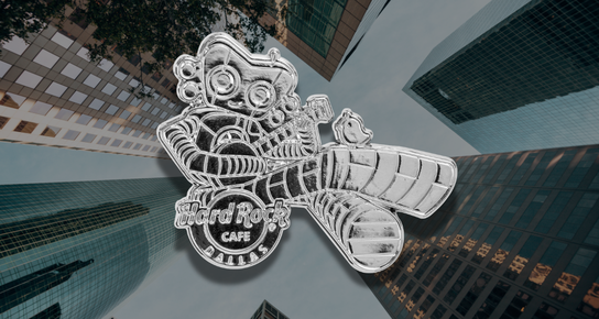 Front-facing polished silver pin of the Traveling Man robot from Deep Ellum holding a guitar, inspired by Dallas&rsquo; art and music scene, limited edition collectible.