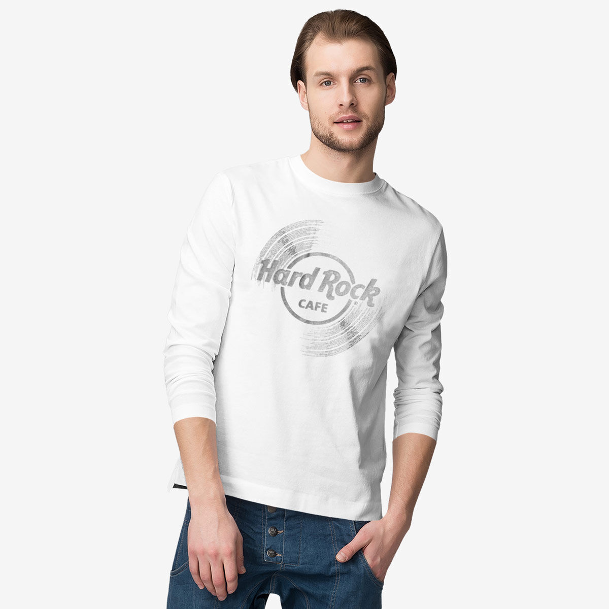 Hard Rock Vinyl Logo Unisex Longsleeve Tee in White