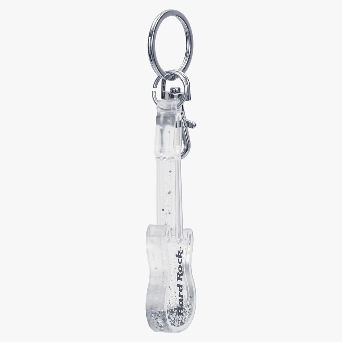 levate your keychain game with this guitar shaped metallic silver glitter keychain boasting a captivating confetti core for a touch of rockstar flair. Online Rock Shop