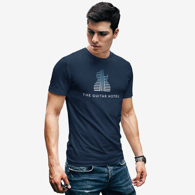 Guitar Hotel Adult Fit Tee in Navy with Gradient Guitar Design Guitar Hotel Adult Fit Tee in Navy with Gradient Guitar Design