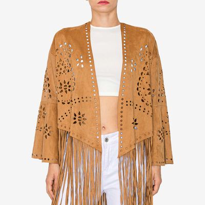 Vegan Suede Laser Cut Fringe Jacket in Camel Vegan Suede Laser Cut Fringe Jacket in Camel
