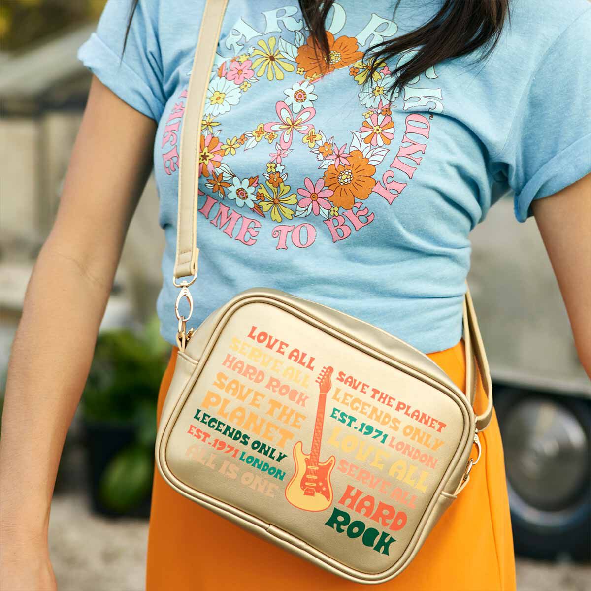 Gold Hard Rock Music Festival Crossbody Bag with Mottos Online Rock Shop
