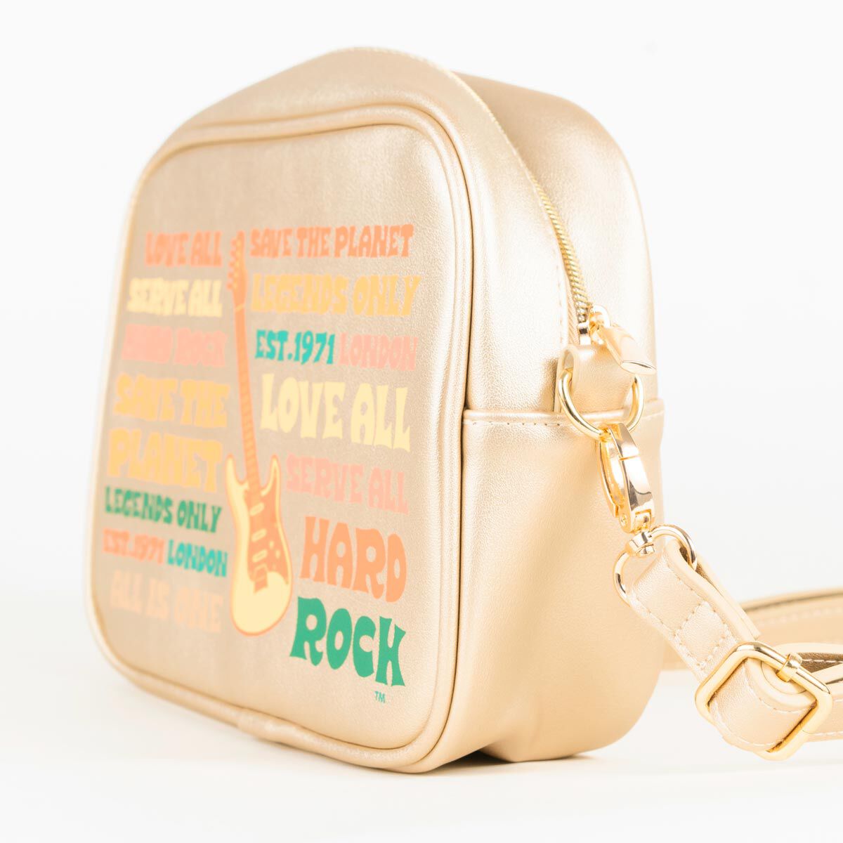 Gold Hard Rock Music Festival Crossbody Bag with Mottos
