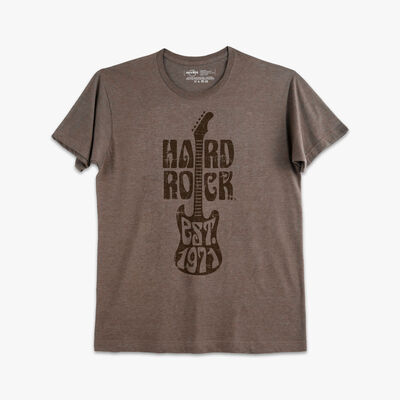 Hard Rock Adult Fit Festival Tee with Logo Guitar Est 1971 in Brown Hard Rock Adult Fit Festival Tee with Logo Guitar Est 1971 in Brown
