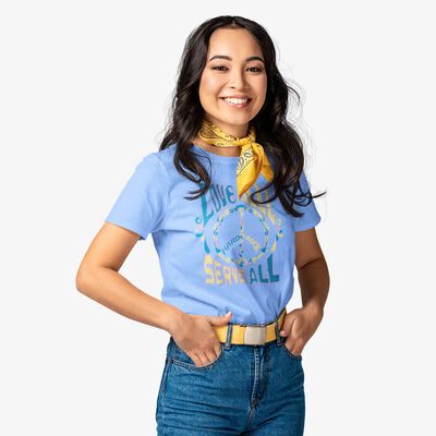 Music Festival Peace Love All Serve All Baby Doll Tee in Light Blue Music Festival Peace Love All Serve All Baby Doll Tee in Light Blue