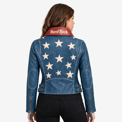 Ladies Fit Star Leather Jacket in Blue