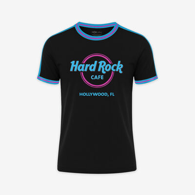 Adult Fit Hollywood  FL Ringer Tee in Black and Turquoise