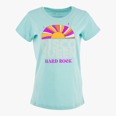 Disco Queen Ladies Fit Tee in Aqua Blue with Spectrum Design