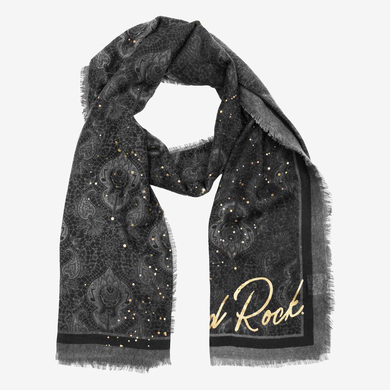 Black Paisley Guitar Printed Scarf with Gold Foil Details image number 1