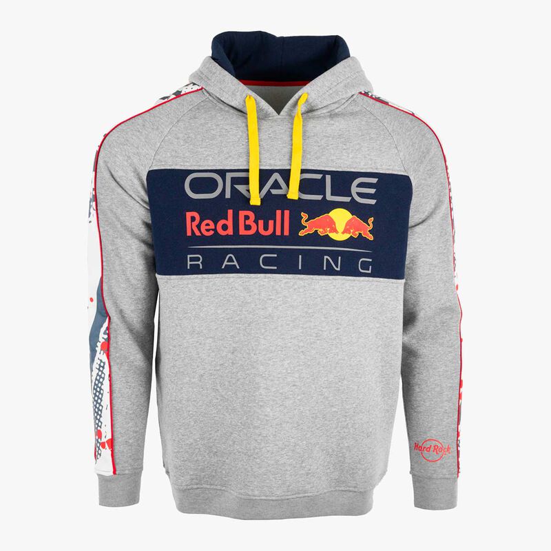 Red Bull Double Layer Hoodie in Grey with Sleeve Print Piping Details image number 1