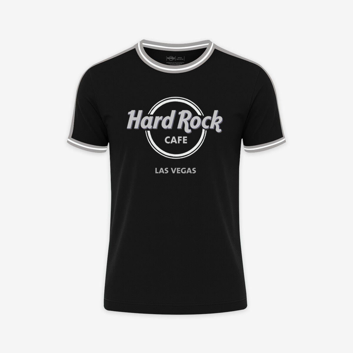 Hard Rock Las Vegas Ringer Adult Fit Tee in Black and Silver