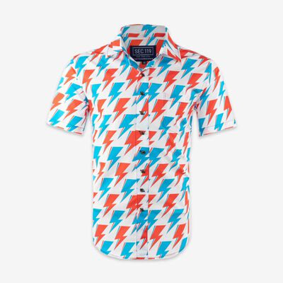 David Bowie All-Over Red and Blue Bolt Short Sleeve Shirt in White David Bowie All-Over Red and Blue Bolt Short Sleeve Shirt in White