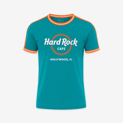 Adult Fit Hollywood FL Ringer Tee in Aqua and Orange