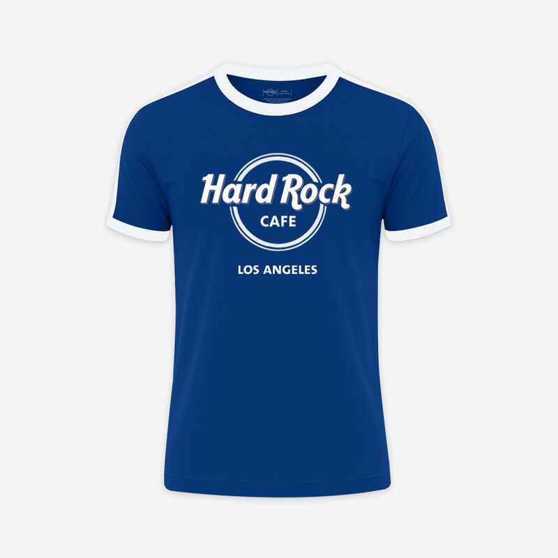 Hard Rock Los Angeles Ringer Adult Fit Tee in Blue and White 