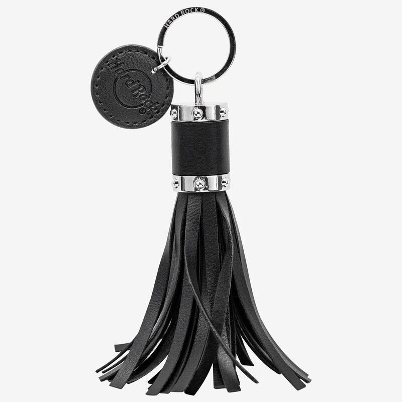 Hard Rock Tassel Keychain Purse Charm in Black Vegan Leather and Silver  Overlay