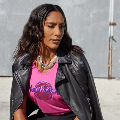 Hard Rock Sequins Logo V-neck Shortsleeve T-Shirt Hard Rock Sequins Logo V-neck Shortsleeve T-Shirt