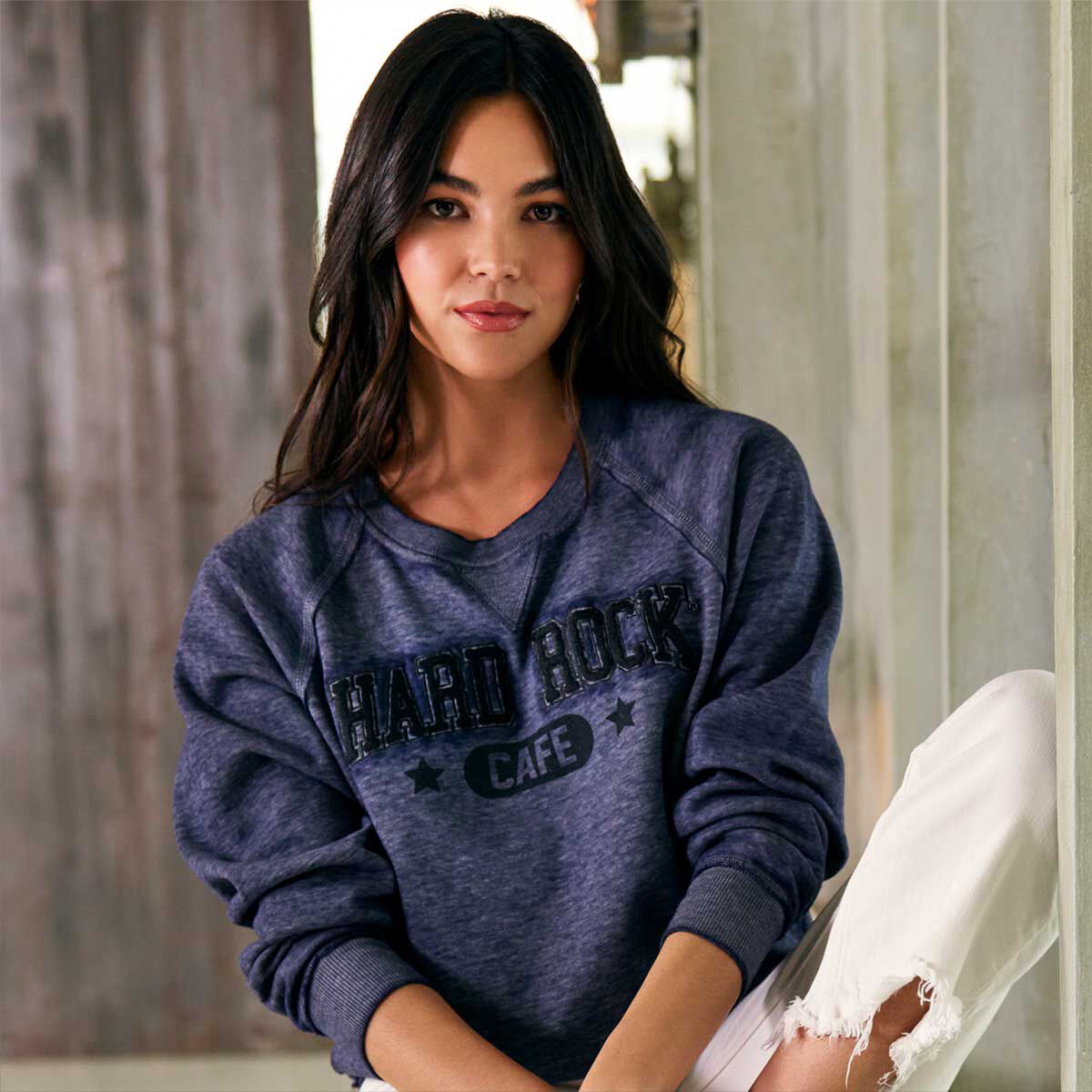 Hard Rock Denim Wash Fleece Chenille Logo Pullover | Online