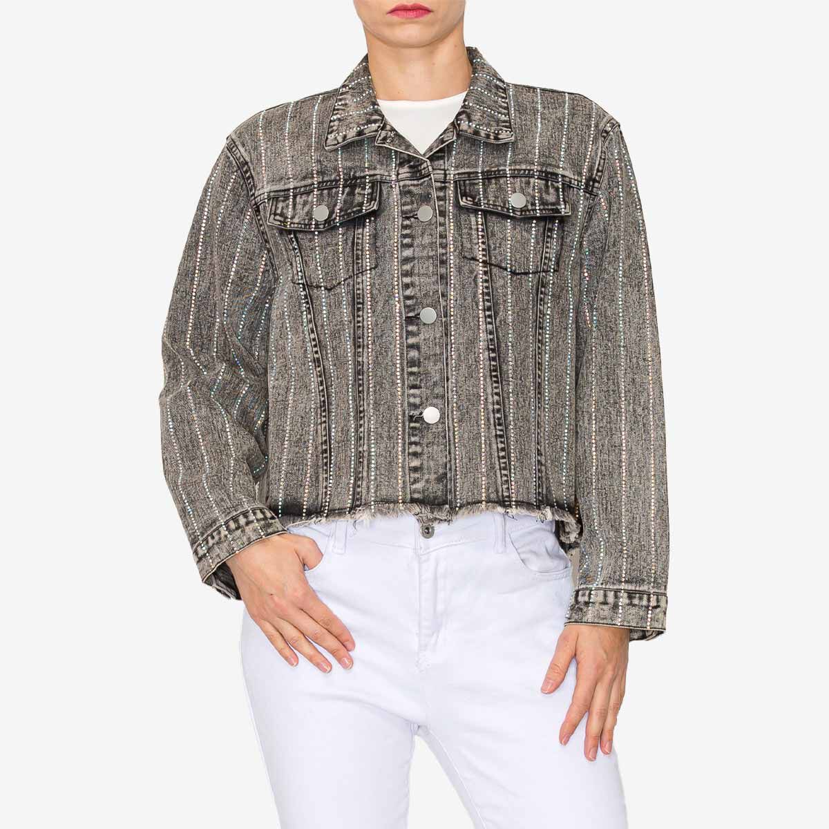 Rhinestone Denim Jacket in Black Acid Wash Hard Rock Rock Shop Online Rock Shop