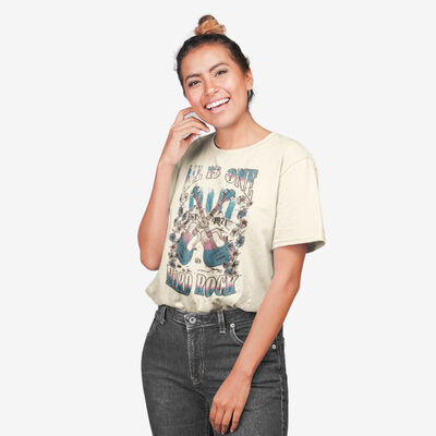 Music Festival All Is One Crossed Guitars Crewneck Tee in Beige Music Festival All Is One Crossed Guitars Crewneck Tee in Beige