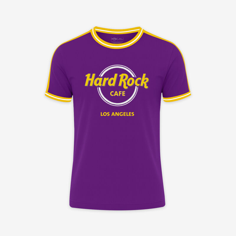 Hard Rock Los Angeles Ringer Adult Fit Tee in Purple and Yellow 