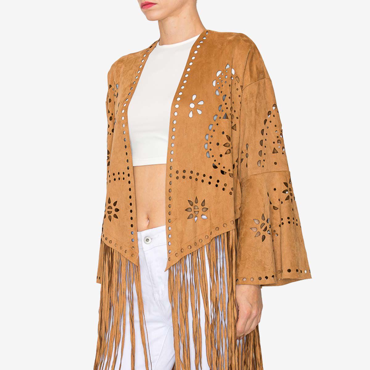 Vegan Suede Laser Cut Fringe Vest in Camel | Hard Rock Rock
