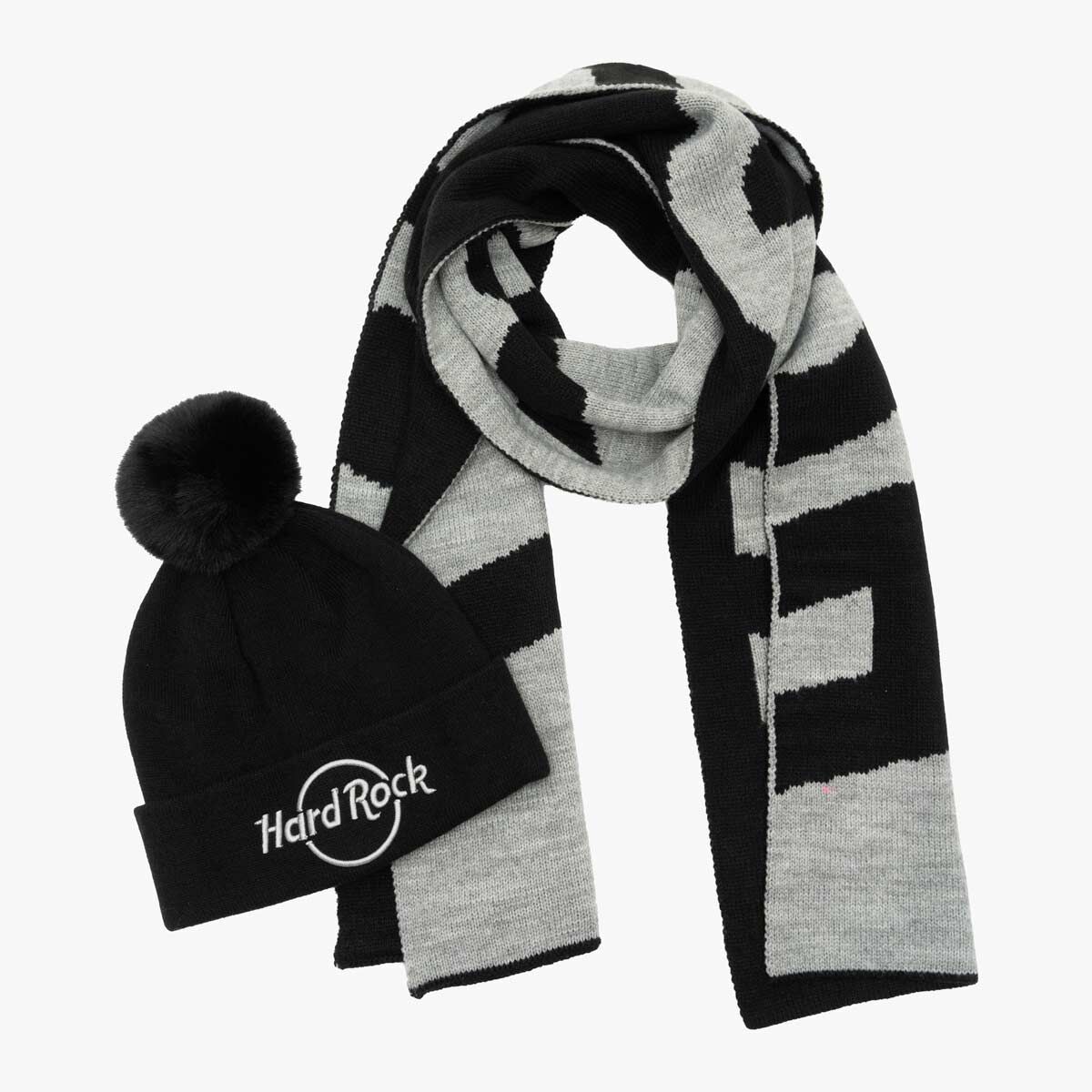 Cozy Holidays in Gray: Hard Rock Scarf and Beanie Set with Pom-Pom