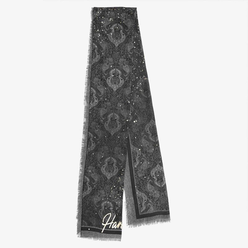 Black Paisley Guitar Printed Scarf with Gold Foil Details image number 2