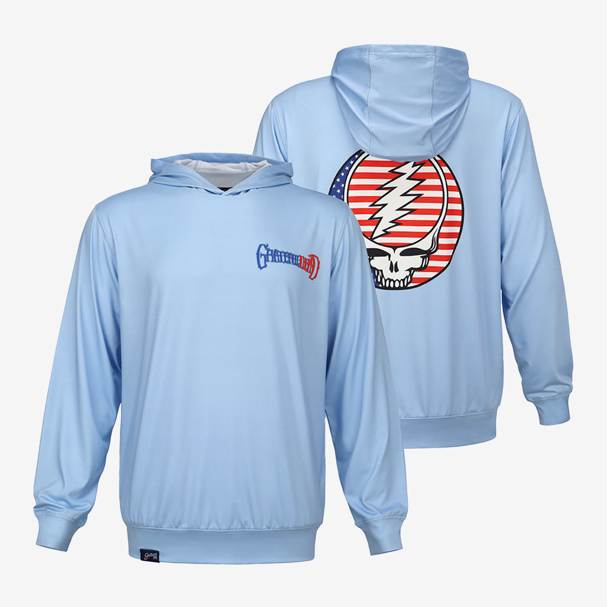 Stay Stylish Plus Sun Protected in this Lightweight Grateful Dead Stealie UPF50 Hoodie in Light Blue Online Rock Shop