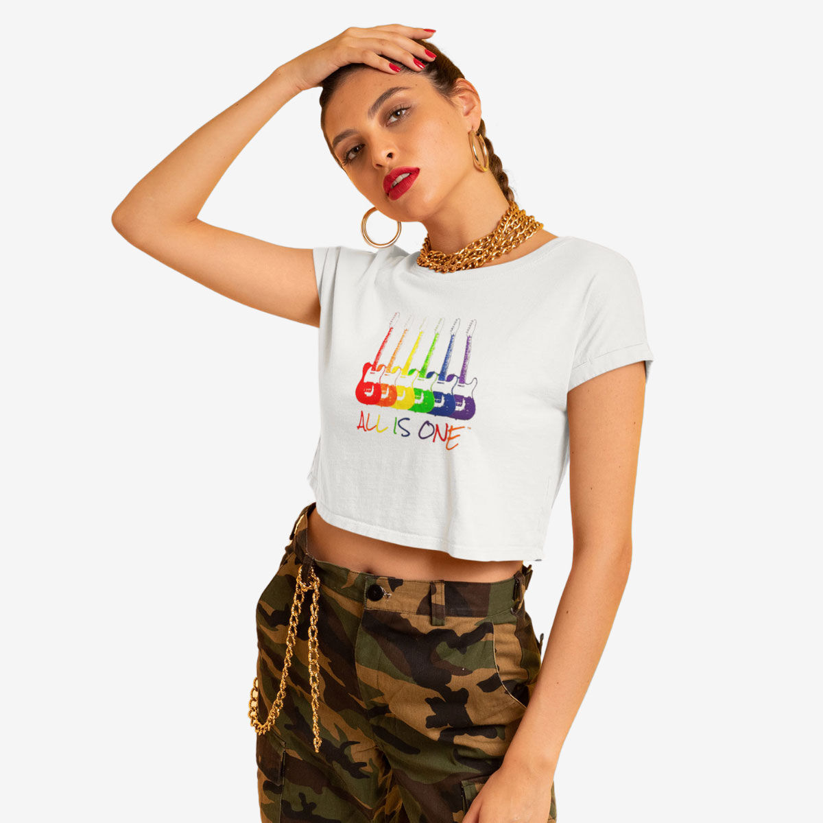 Retro Cropped Top Tee with Rainbow Guitars All Is One Design