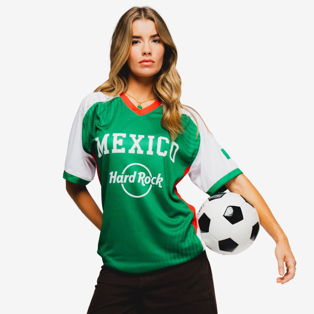 Hard Rock Mexico Soccer V-Neck Tee in Green | Online Rock Shop