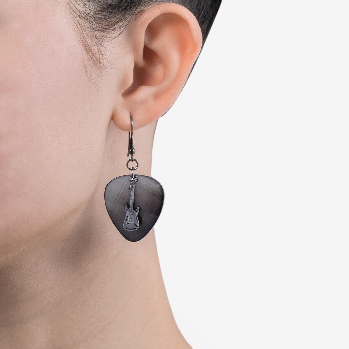 Hard Rock Hematite Guitar Pick Earrings Silver