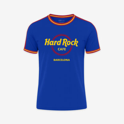 Adult Fit Barcelona Ringer Tee in Blue and Red