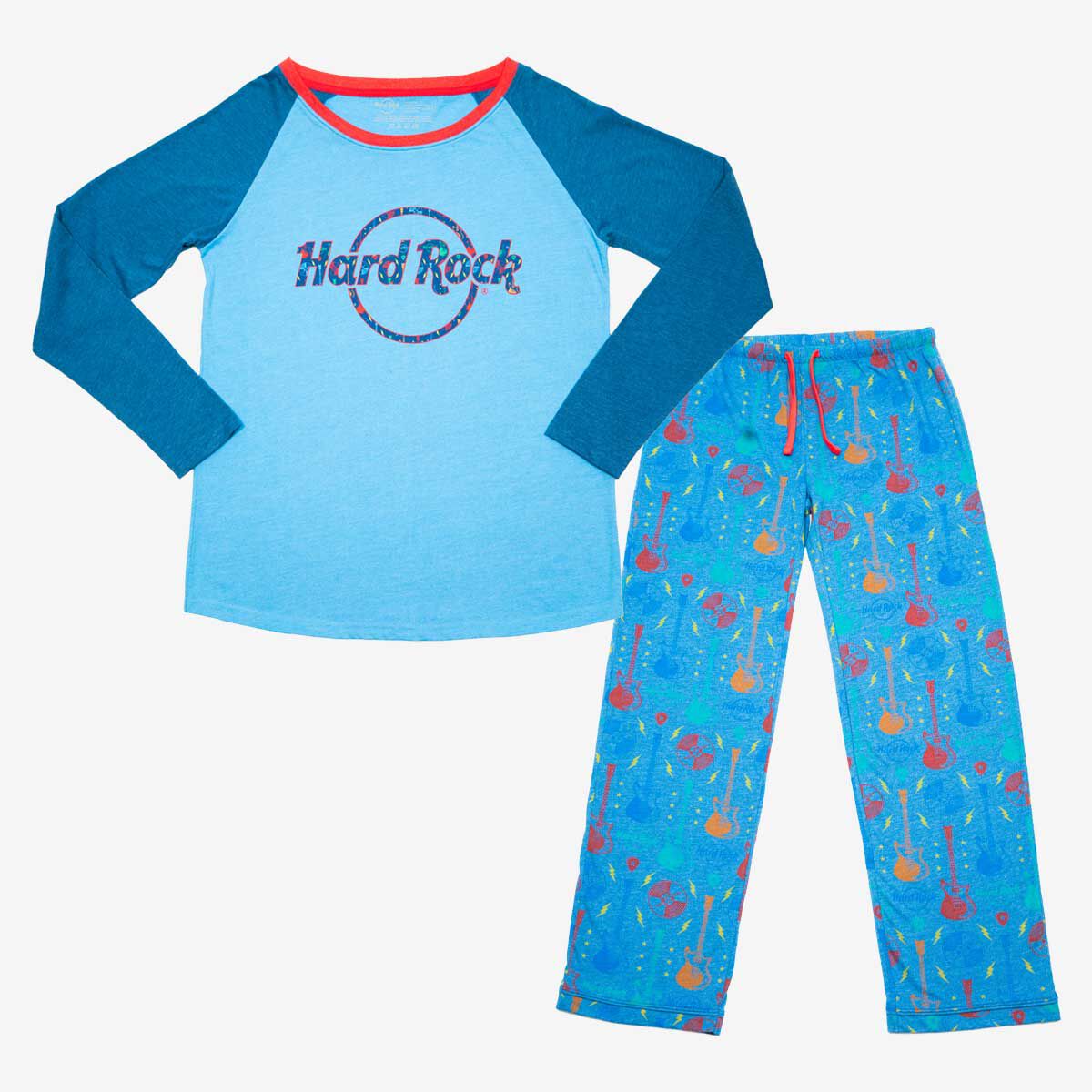Cozy Holiday Ladies Pajama Set in Blue Guitars Print
