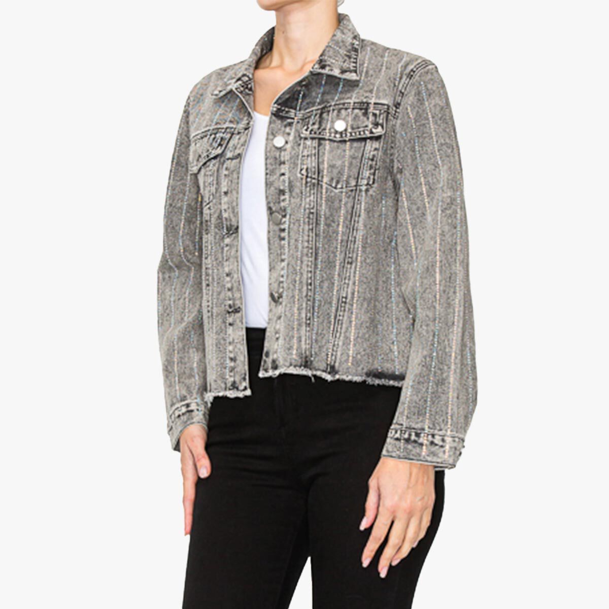 Rhinestone Denim Jacket in Black Acid Wash