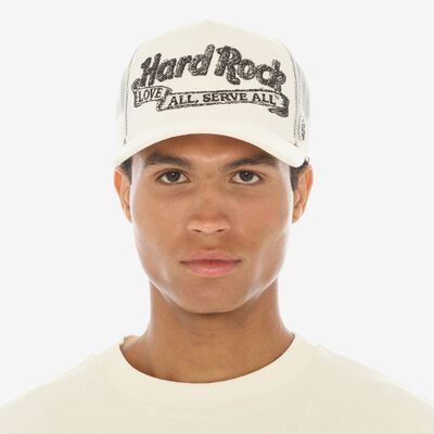 Hard Rock x Cult Banner Motto Mesh Trucker Hat in Winter White