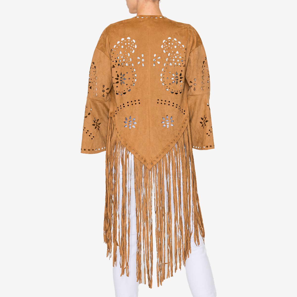 Vegan Suede Laser Cut Fringe Vest in Camel | Hard Rock Rock Vegan Suede Laser Cut Fringe Vest in Camel | Hard Rock Rock
