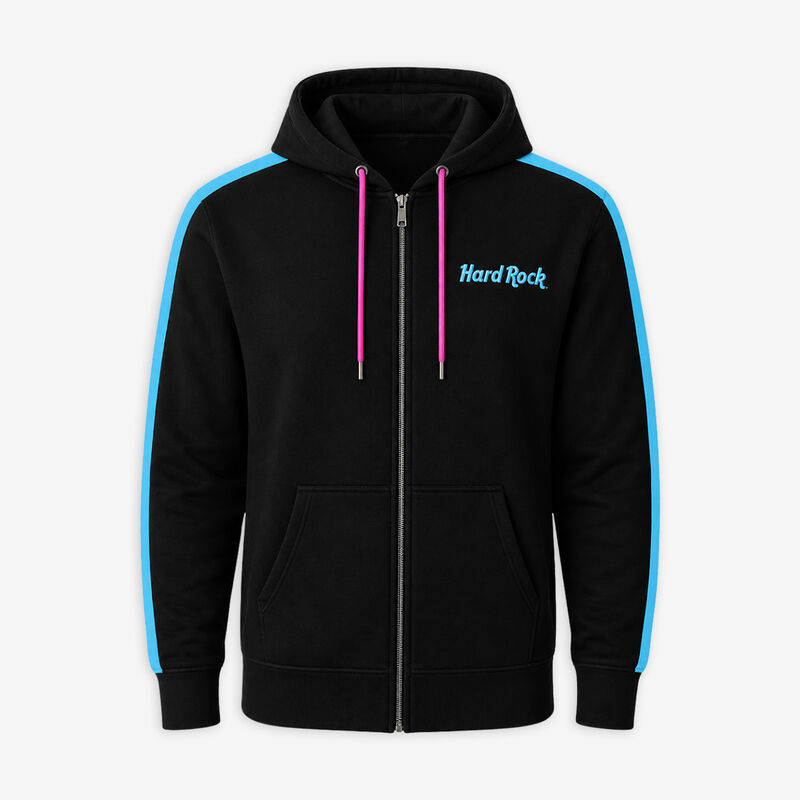 Hard Rock Cafe Miami Full Zip Fleece Hoodie Black Turquoise 