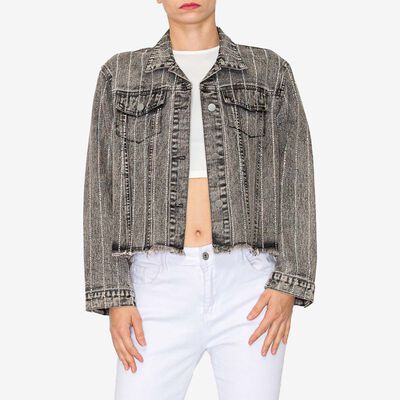 Rhinestone Denim Jacket in Black Acid Wash Rhinestone Denim Jacket in Black Acid Wash