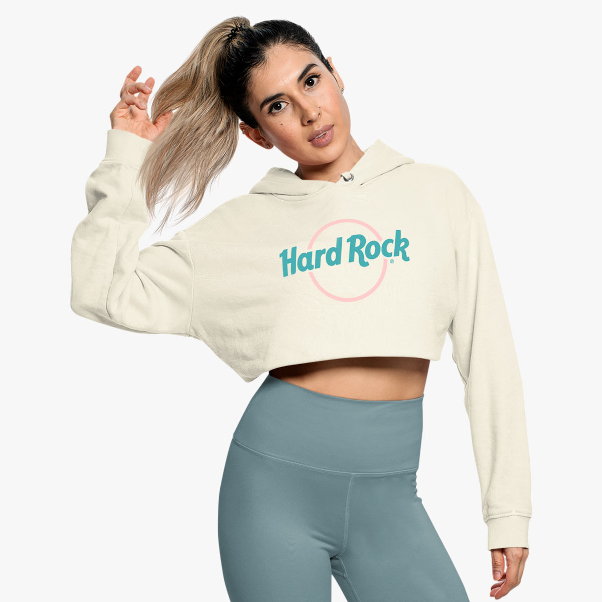 Hard Rock Pop of Color Cropped Women's Fit Beige Hoodie image number 1