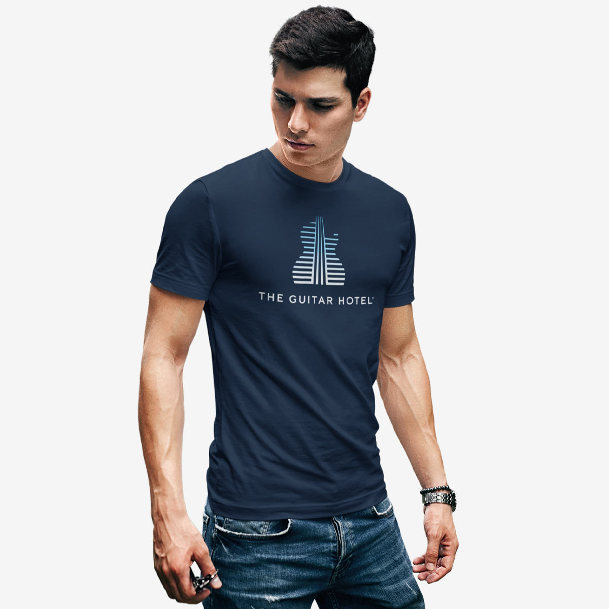 Guitar Hotel Adult Fit Tee in Navy with Gradient Guitar Design image number 3