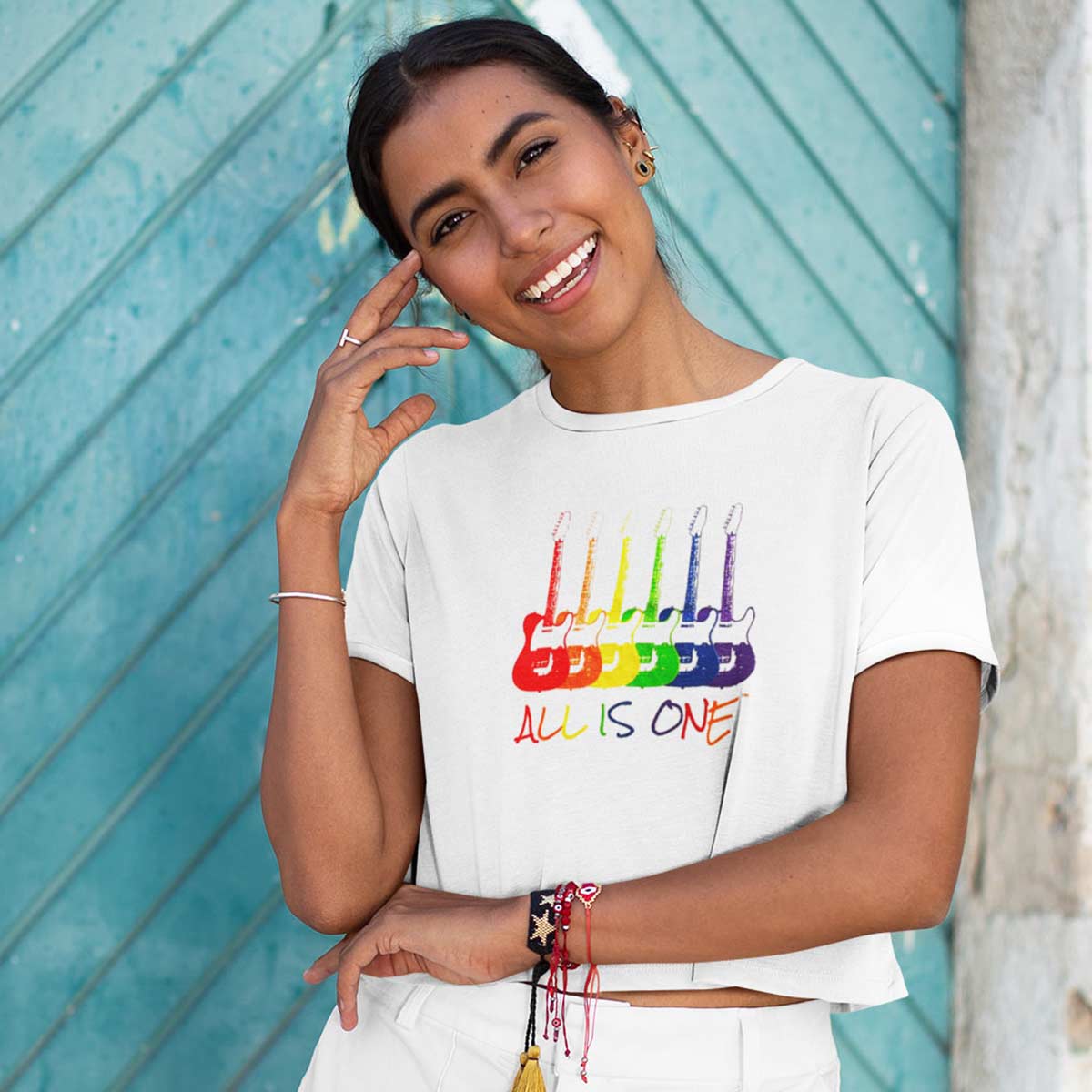 Retro Cropped Top Tee with Rainbow Guitars All Is One Design image number 4