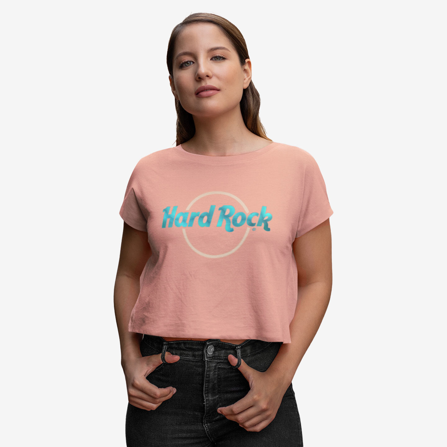 Hard Rock Pop of Color Cropped Tee in Pink and Teal image number 1